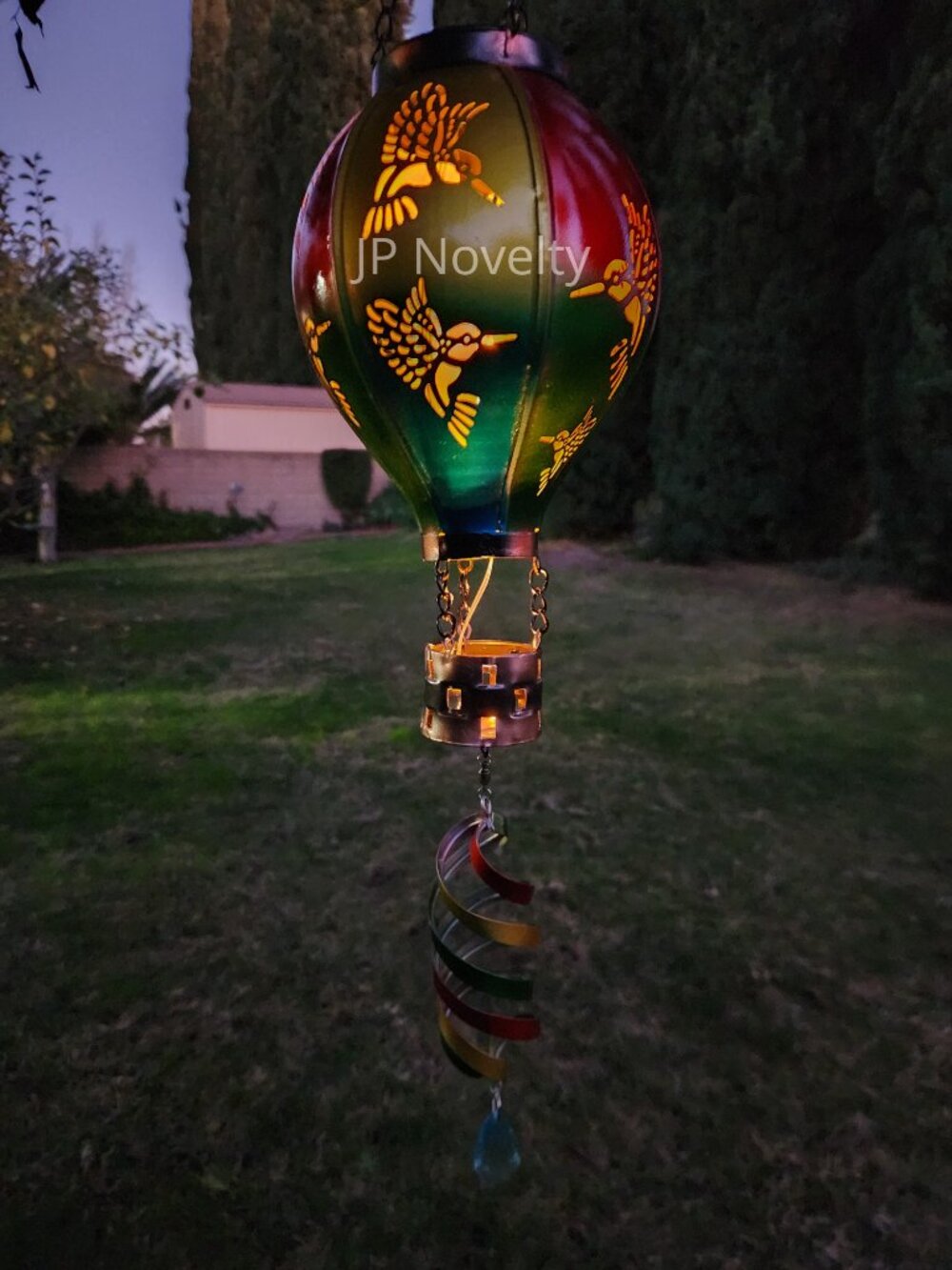 Flickering Solar HUMMINGBIRD Metal Hot Air Balloon Spinner, Garden Art